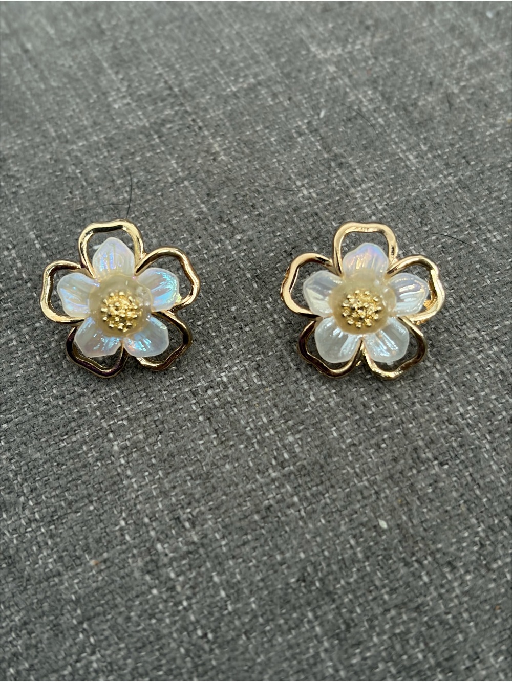 Iridescent White Flower Stud Earrings Gold-Tone Layered Petals